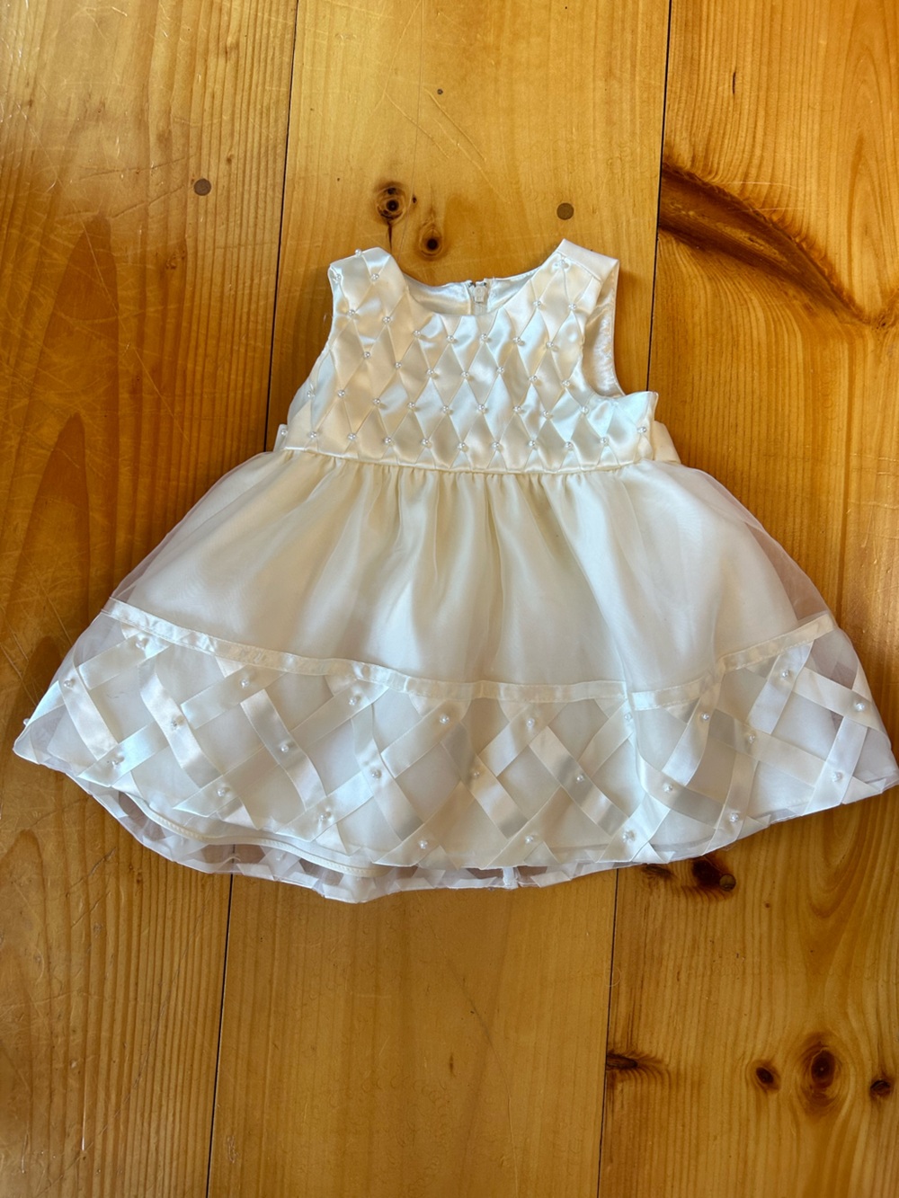 American Princess 9 Month White Baby Girl Satin & Tulle Dress with Pearl Lattice